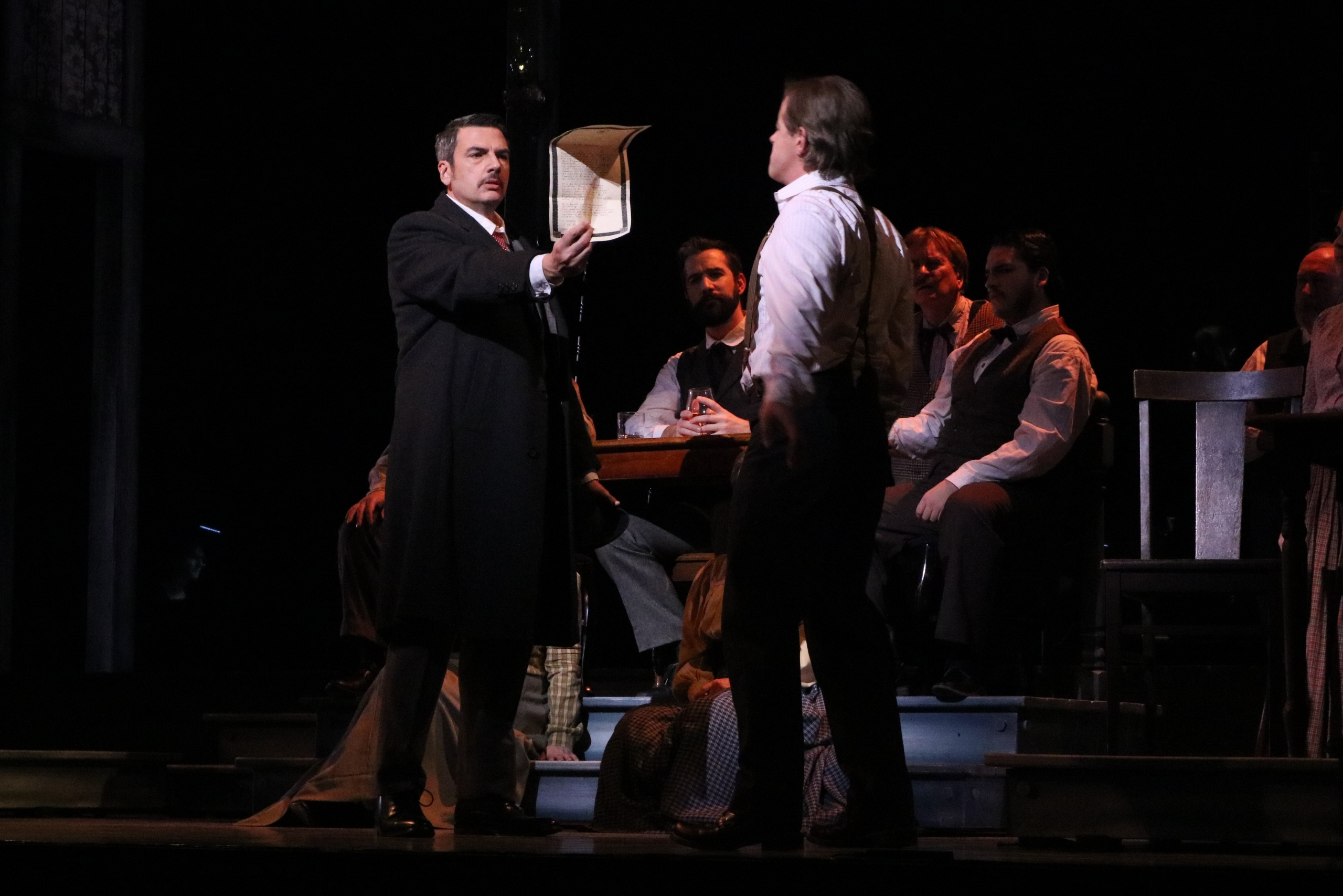 Matthew Treviño (John Prestson), Andrew Bidlack (Trout Shue), and the Madison Opera Chorus is Everlasting Faint