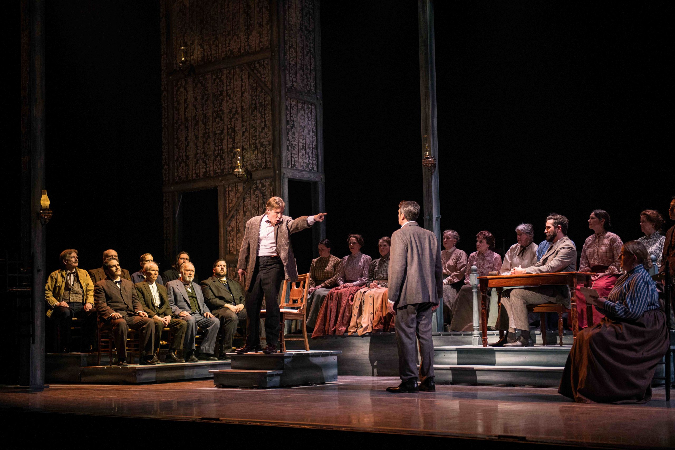 Andrew Bidlack (Trout Shue), Matthew Treviño (John Preston), and the Madison Opera Chorus in Everlasting Faint